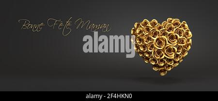 3D Rendering: Un corazón de rosas doradas frente a un fondo negro y el mensaje francés 'Bonne Fête Maman' ('Feliz día de la Madre'). Formulario de banner web