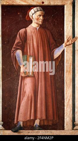 Dante. Retrato del poeta y estadista italiano Dante Alighieri (1265-1321) de Andrea del Castagno (o Andrea di Bartolo di Bargilla, c. 1419-1457), fresco, transferido a madera, c. 1450