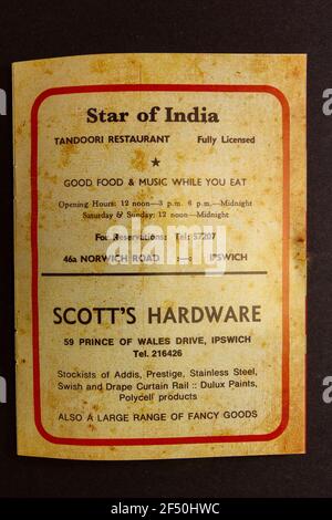 Una réplica de EMI Preview folleto local de la página de anuncios para la Estrella de la India & Scott's hardware, parte de un paquete de recuerdos de la infancia de la escuela 1970s. Foto de stock