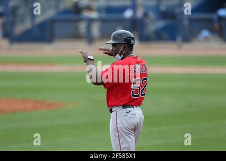 Boston Red Sox third base coach Carlos Febles (53) before a spring training  baseball game against the Miami Marlins on March 5, 2023 at JetBlue Park in  Fort Myers, Florida. (Mike Janes/Four