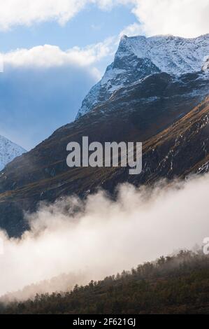 Montaña con nieve fresca sobre la niebla Foto de stock