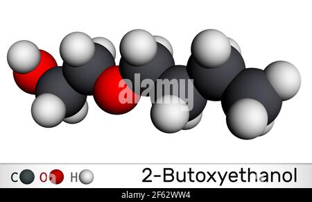 2-Butoxietanol, molécula de butoxietanol. Es alcohol primario y éter. Se utiliza como disolvente y para hacer pinturas y barniz. Modelo molecular. 3D render