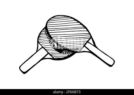 Raquetas de ping-pong y pelota dibujada a mano contorno contorno contorno icono. Equipo de tenis de mesa. Concepto de logotipo de ping pong. Dibujo aislado de fideos de tinta negra vectorial sobre fondo blanco Ilustración del Vector