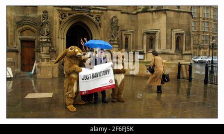 Tony Banks apoya la caza anti. Fox Hunt vote en Westminster..Demos bloqueó el camino fuera del parlamento. pic David Sandison 18/3/2002 Foto de stock