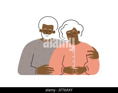 Vector plano ilustración aislada con personajes de dibujos animados de la vieja pareja afroamericana. Los abuelos ancianos felices se abrazan. Relación romántica Ilustración del Vector