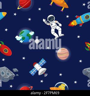 Tejido cósmico para niños. Astronauta con cohete y alienígena en el espacio  abierto Diseño Cute para niños tela y papel para envolver. Dibujos animados  planos estilo gracioso cos Imagen Vector de stock 