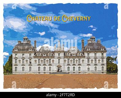 Famoso castillo del valle del Loira Chateau de Cheverny. Cheverny, Loir y Cher, Francia. Ilustración de estilo fotográfico antiguo.
