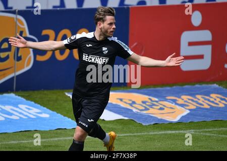 Muenchen GRUENWALDER STADION. 10th Apr, 2021. Mael CORBOZ (Verl), action,  duels versus Dennis DRESSEL (TSV Munich 1860). Soccer 3rd league, Liga3, TSV  Munich 1860 - SC Verl 3-2, on April 10th, 2021