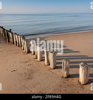 fila de polos en la playa de zeeland en los países bajos bajo el cielo azul en primavera Foto de stock