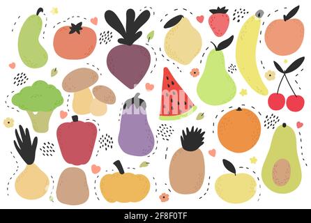 Juego de frutas y verduras elaboradas a mano. Recolección de alimentos saludables. Ilustración vectorial sobre fondo blanco. Plátanos, aguacate, sandía, pera, cerezas Ilustración del Vector