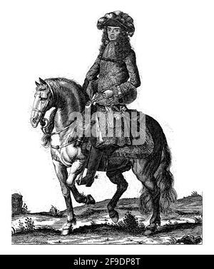 Retrato de Carlos II, Rey de Inglaterra, a caballo. En la parte inferior del margen se encuentran el nombre y la posición en inglés.