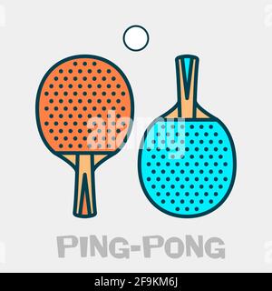 Icono de pala con póster de ping-pong, raquetas de tenis de mesa y pelota, vector Ilustración del Vector