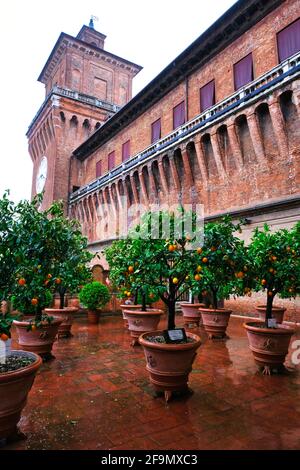El jardín y la loggia de las naranjas en el Castillo Estense en Ferrara Italia Foto de stock