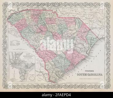 Carolina del Sur de Colton. Mapa estatal estadounidense antiguo decorativo de 1869 años Foto de stock