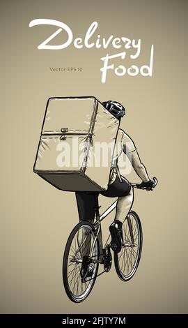 Hombre joven montando bicicleta en la entrega de comida servicio dibujado a mano ilustración vectorial Ilustración del Vector