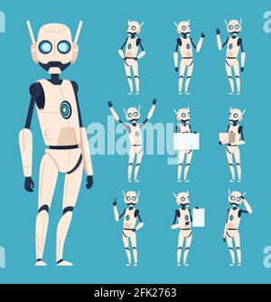 Robots lindos. Personajes de Android en acción posan con armas biónicas vectores de dibujos animados humanoides personas Ilustración del Vector