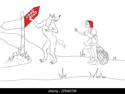 Una pequeña capucha roja con una pesada bolsa de compras con comestibles refuta al lobo malvado. Personajes de dibujos animados humor, cómic