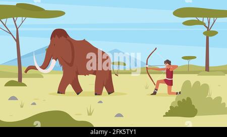 Las personas primitivas cazan mamut, el hombre de la edad de piedra cazando con arco y flecha sobre el animal antiguo