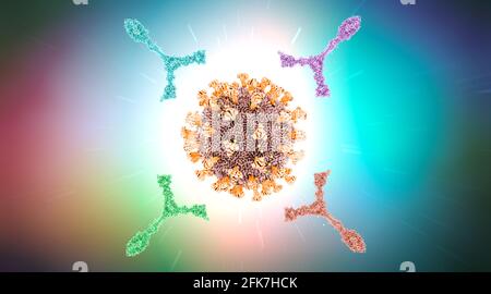 Diferentes proteínas de anticuerpos atacan una partícula viral - 3D ilustración Foto de stock