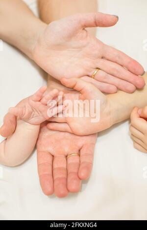 Cuatro Manos De La Familia Un Bebe Una Hija Una Madre Y Un Padre Concepto De Unidad Apoyo Proteccion Y Felicidad Fotografia De Stock Alamy