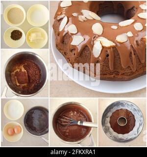 Collage de 6 fotos cómo hacer paso pastel de chocolate paso a paso Foto de stock