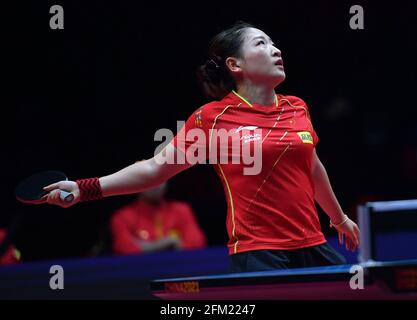 Xinxiang, provincia china de Henan. 5th de mayo de 2021. Liu Shiwen reacciona durante la cuarta final de las mujeres individuales contra Zhu Yuling en los ensayos de Grand Smashes y Simulación Olímpica del WTT (World Table Tennis) de 2021 en Xinxiang, provincia central de Henan en China, el 5 de mayo de 2021. Crédito: Li JianAn/Xinhua/Alamy Live News Foto de stock