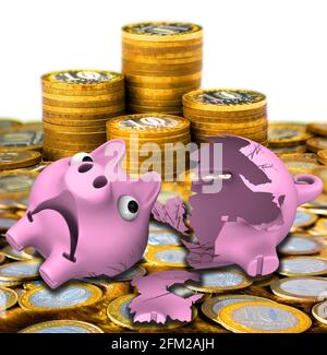 Banco de lechones roto con monedas. Caja de dinero rota en forma de piggy en la superficie de monedas rusas. 3D Ilustración Foto de stock