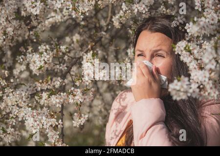 Bonita mujer morena joven con fuerte reacción alérgica durante la primavera, estornudando con un tejido de papel, concepto de salud Foto de stock