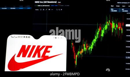 Abundantemente concepto Dar derechos En esta ilustración de la foto, aparece un logotipo de Nike Inc. En un  smartphone con la información sobre el mercado de valores de Nike Inc. En  segundo plano Fotografía de stock - Alamy