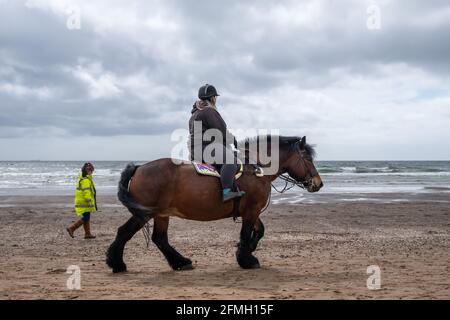 Irvine, Escocia, Reino Unido. 9th de mayo de 2021. Clima en el Reino Unido: Caballo y jinete en Irvine Beach. Crédito: Skully/Alamy Live News Foto de stock