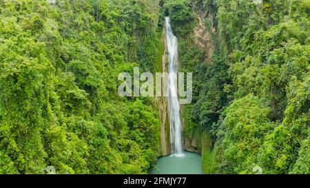 Vista superior de la antena selva cascada en un bosque tropical, rodeado por el verde de la vegetación. Mantayupan cae en la selva de montaña. Filipinas, Cebú.