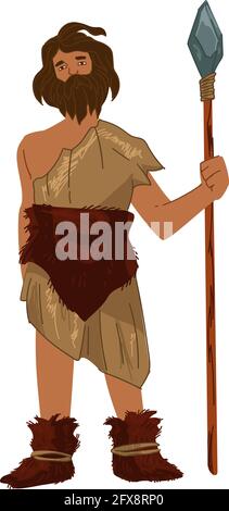 Hombre prehistórico con lanza, caveman con arma