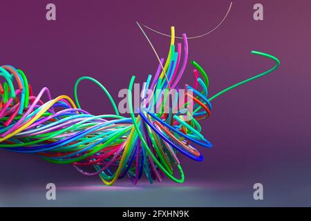 Imagen generada digitalmente enredados cables de fibra óptica multicolor Foto de stock