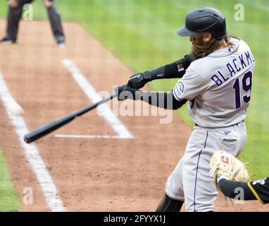 Colorado Rockies right fielder Charlie Blackmon (19) warms up before a  baseball game against the New York Mets on Friday, Aug. 26, 2022, in New  York. (AP Photo/Jessie Alcheh Stock Photo - Alamy