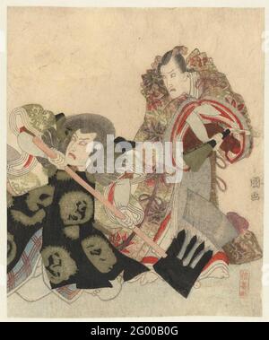 Ichikawa Danjûrô VII como Yoshimune No Munesada con el rango e Ichikawa Omezô en el papel de Sekibei con hacha. Los actores Ichikaiwa Danjûrô VII (1791-1859) en el papel de Yoshimune No Munesada e Ichikawa Omezô (1769-1833) como Sekibei de la obra Tsumoru Koi Yuki No Sekino foto, se crió en el Teatro Ichimura en Edo en 1821. La impresión era originalmente más grande, pero los tres poemas han sido cortados. Foto de stock