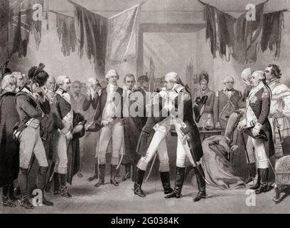 Washington partiendo de sus oficiales en Fraunces Tavern, Nueva York, EE.UU., el 4th de diciembre de 1783. George Washington, 1732 - 1799, Primer Presidente de los Estados Unidos. Después de una pintura de Alonzo Chappel. Foto de stock