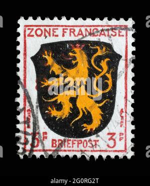 Sello impreso en Alemania, la zona francesa que muestra el escudo de armas de Pfalz, alrededor de 1946 Foto de stock