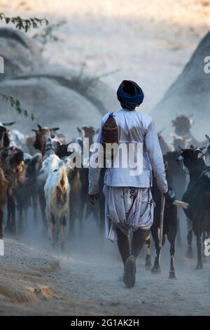 La imagen del hombre pastor o rabari fue tomada en Bera, Rajasthan, India, Asia Foto de stock