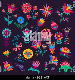 Dibujos animados flores mexicanas, brotes y flores, plantas vectoriales con  coloridos pétalos y tallos, elementos para el Día de Muertos de México Dia  de los Muertos o Cinco Imagen Vector de stock - Alamy