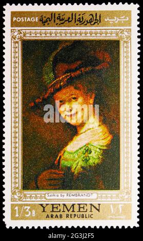 MOSCÚ, RUSIA - 15 DE ABRIL de 2021: Sello postal impreso en Yemen muestra Saskia, Rembrandt pinturas (Golden border) serie, alrededor de 1968 Foto de stock