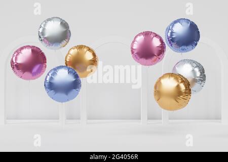 Brillantes globos de colores con arcos blancos, fondo para fiestas, cumpleaños, celebraciones o vacaciones, 3D render realista