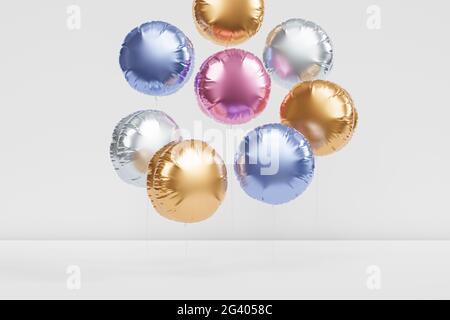 Brillantes globos de colores, fondo para fiesta, cumpleaños, celebración o vacaciones, 3D render realista