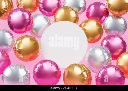 Brillantes globos coloridos con espacio de copia, fondo rosa para fiestas, cumpleaños, celebraciones o vacaciones, 3D render realista