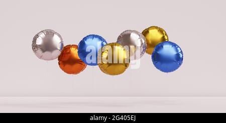 Brillantes globos de colores, fondo de bandera beige para fiestas, cumpleaños, celebraciones o vacaciones, 3D render realista