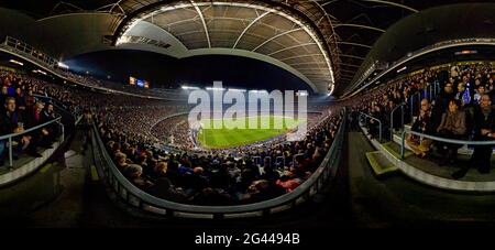 Vista panorámica equirectangular del estadio de fútbol Camp Nou, Barcelona, Cataluña, España Foto de stock