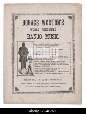 Partitura impresa para Seek No Más Marcha por el músico afroamericano Horace Weston. El folio de tres páginas tiene una portada con un retrato ilustrado de Weston de pie con su banjo de cinco cuerdas. Encima de la ilustración está el texto [LA MÚSICA BANJO MUNDIALMENTE FAMOSA DE HORACE WESTON] en tipo decorativo. A la derecha del retrato hay una lista de las canciones de Weston con precios para la partitura. Las canciones incluyen [THE ROARER MARCH (for 2 Banjos)], [WESTON'S NEW SCHOTTISCHE], [ELDERBERRY CLOG HORNPIPE], y otros. Se ha hecho una marca azul el [NO BUSCAR MÁS MARCHA]. Debajo del portra