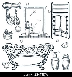 Baño elementos dibujados a mano. Libro para colorear de plantilla. Esbozo  doodle elementos ilustración vectorial. Página de juegos para niños Imagen  Vector de stock - Alamy