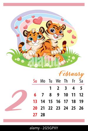 Calendario Del Muro Para 2022 Febrero Dos Lindos Cachorros De Tigre Y Corazones El Simbolo Del Ano Caracter Animal Ilustracion De Vector De Color Estrella De Semana Imagen Vector De Stock Alamy