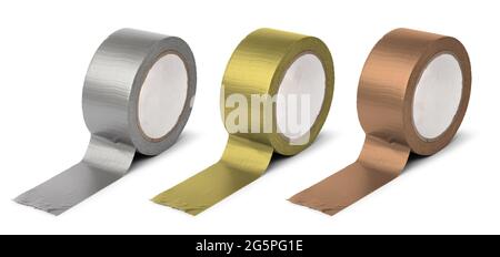 Rollos de cinta para conductos de plata, oro, color bronce, carretes de reparación aislados sobre fondo blanco Foto de stock