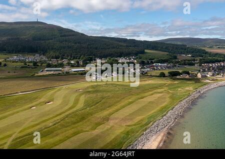 Vista aérea del campo de golf Golspie, Golspie, Sutherland, Escocia. Foto de stock